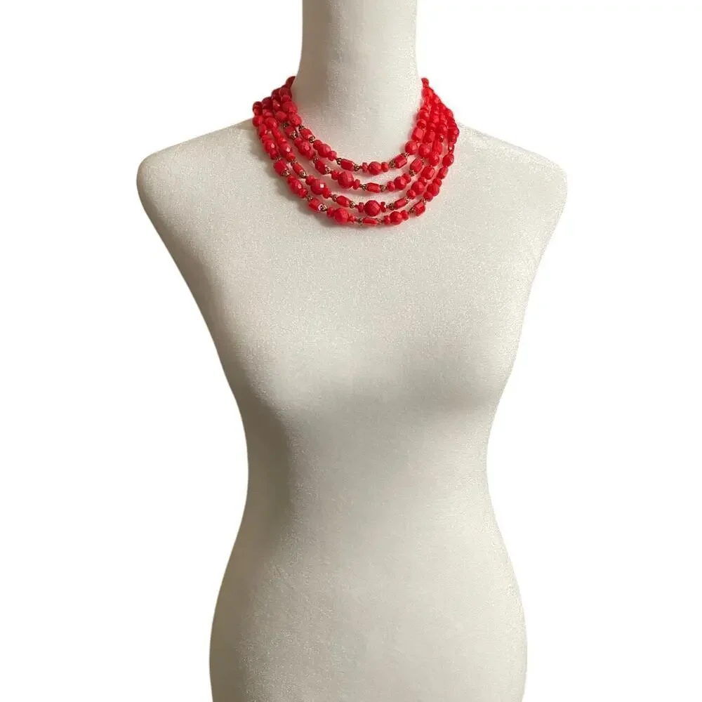 Vintage Red Four Strand Necklace Western Germany Faceted Acrylic AB Finish